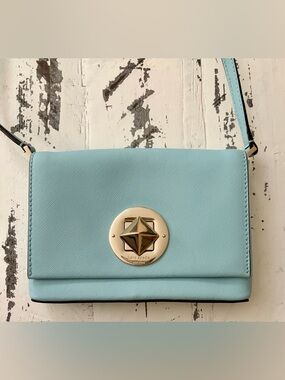 kate spade pastel blue crossbody with gold medallion